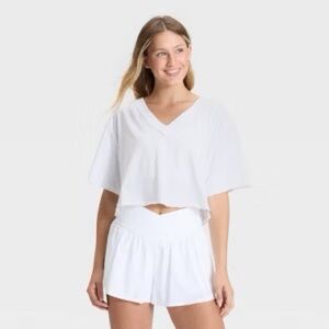 Women's V-Neck Boxy Cropped Short Sleeve Top - JoyLab™ White L